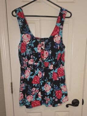 torrid Black Floral Tank Top with Pink & Teal Flowers